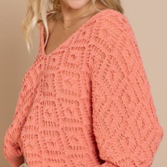Crochet and Knitted Papaya V Neck Sweater - Picture 9 of 17